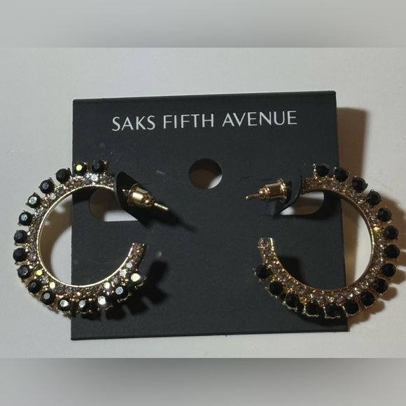Saks Fifth Ave Gold Tone Black Crystal Open Hoop post Earrings - Picture 2 of 8